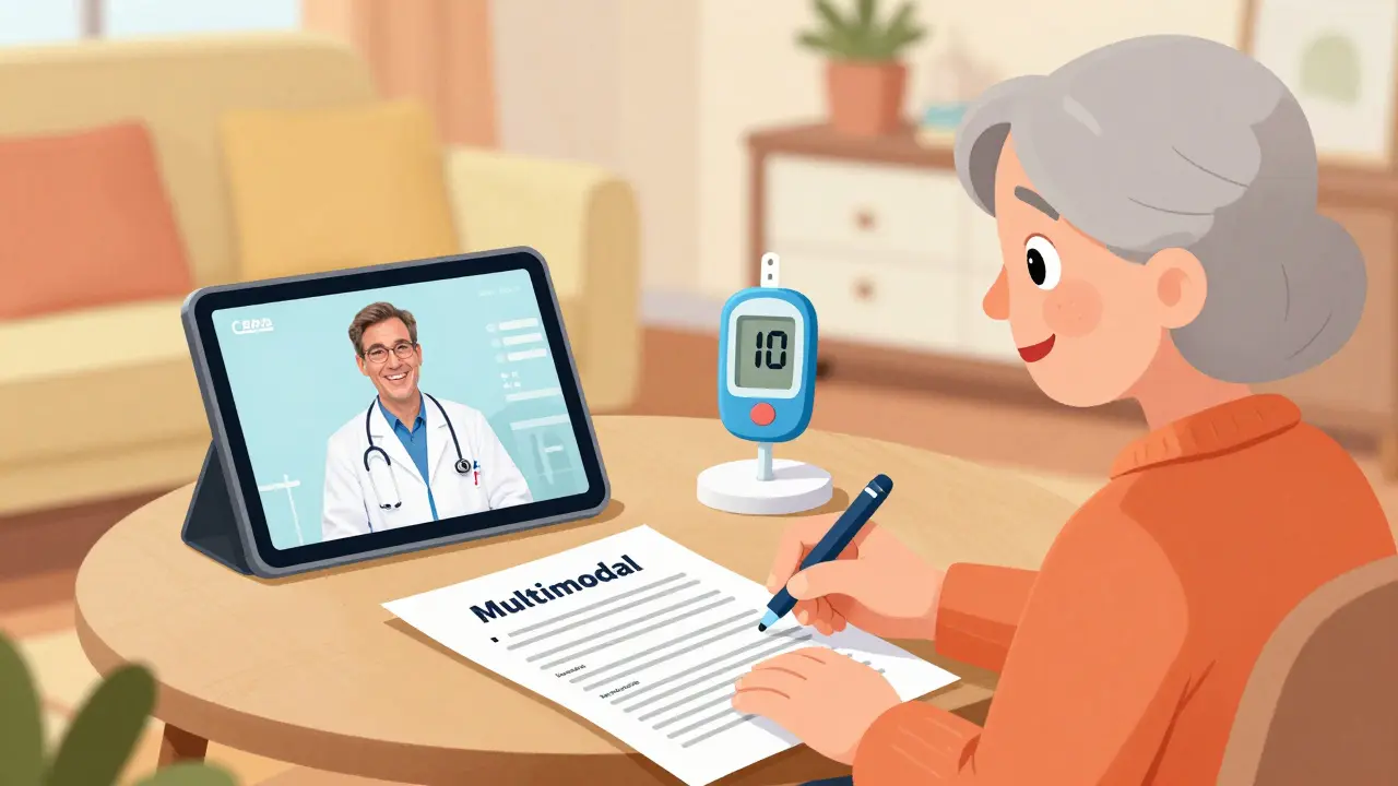 An older woman using a large-print handout, tablet video, and physical model for health education.