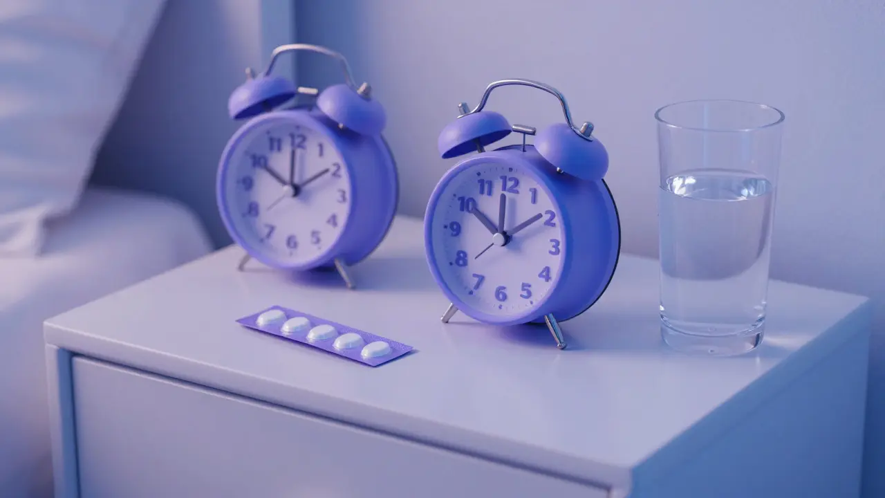 Birth control pills on a nightstand next to an alarm clock and water