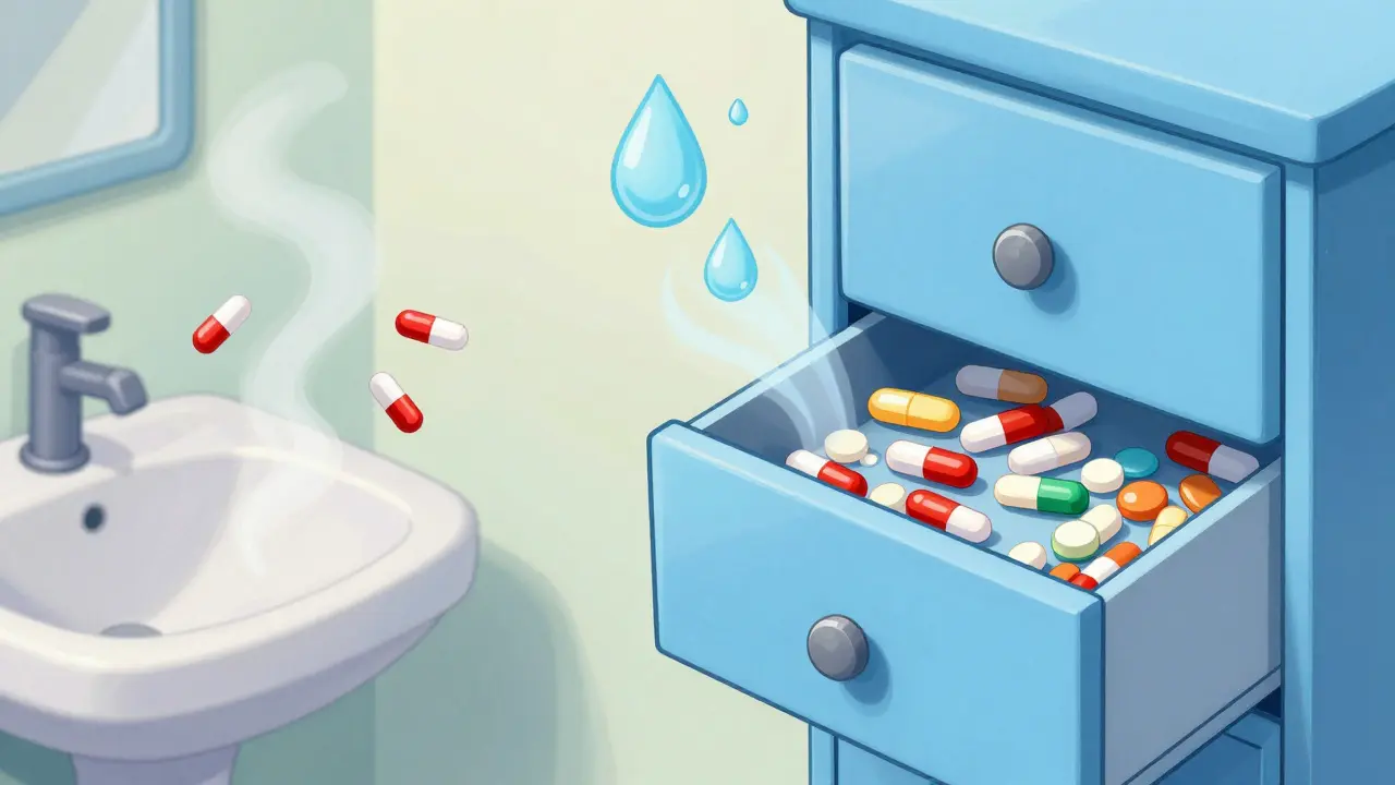 Cartoon comparison of humid versus dry storage environments for medication.