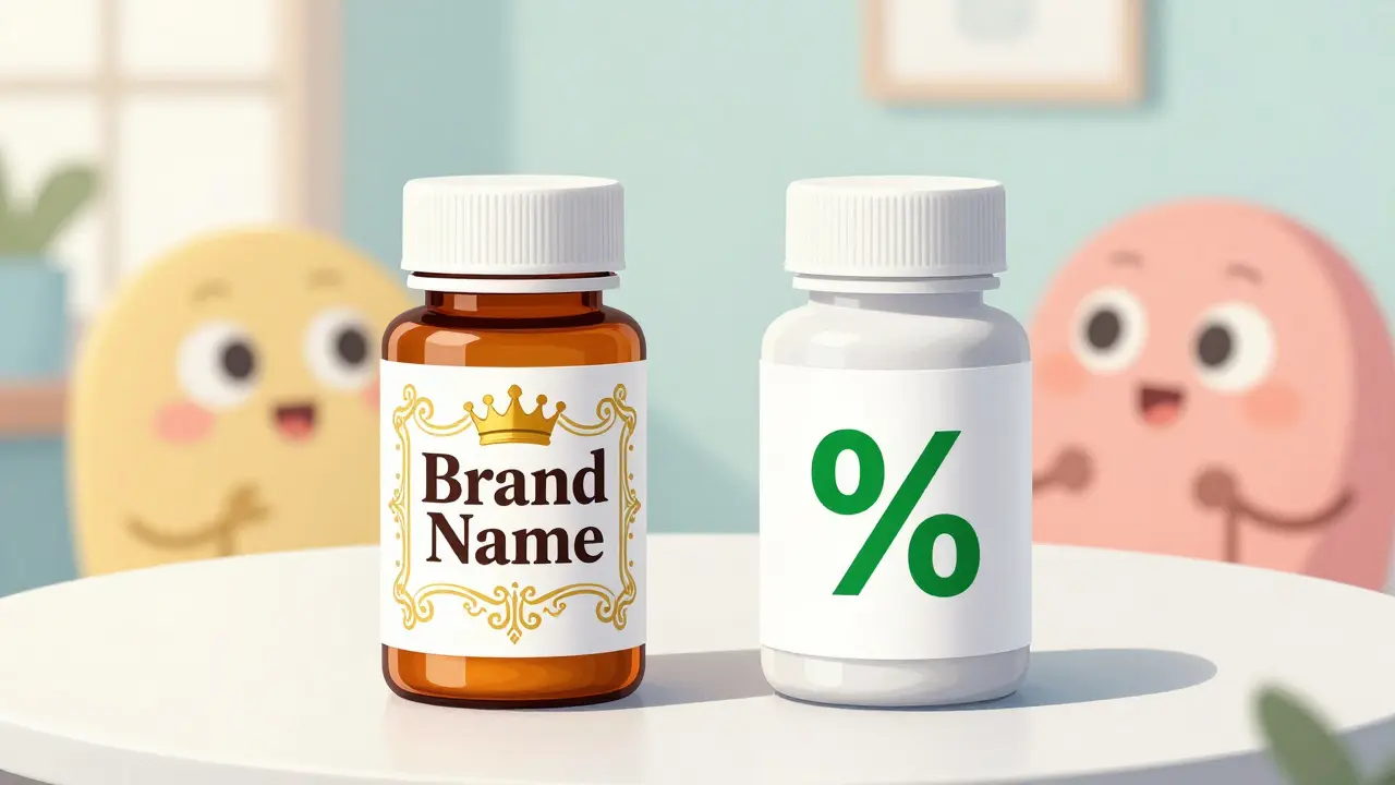 Comparison between a fancy brand-name pill bottle and a budget-friendly generic bottle.