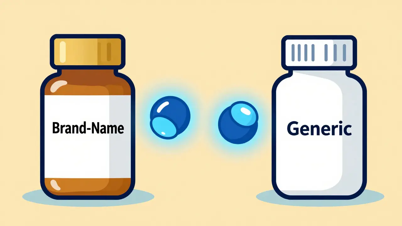 Comparison between a pricey brand-name pill bottle and an affordable generic version.