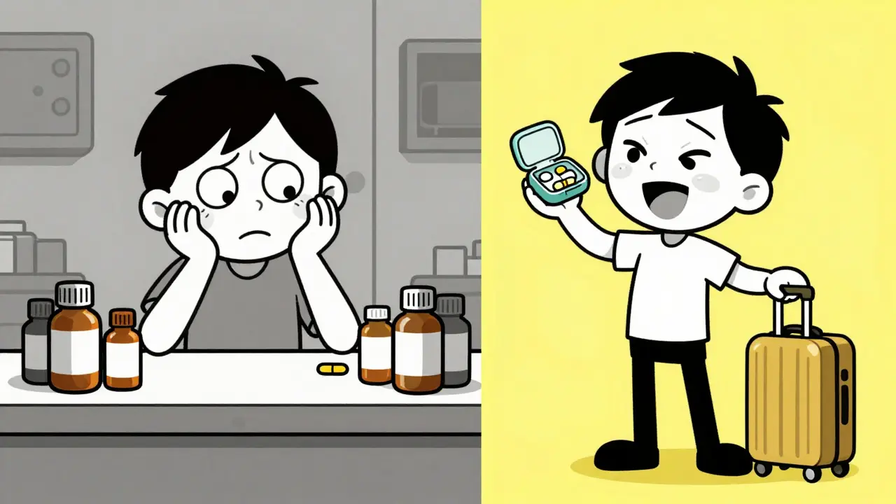 Comparison of a stressful cluttered pharmacy counter and a simple travel pill case