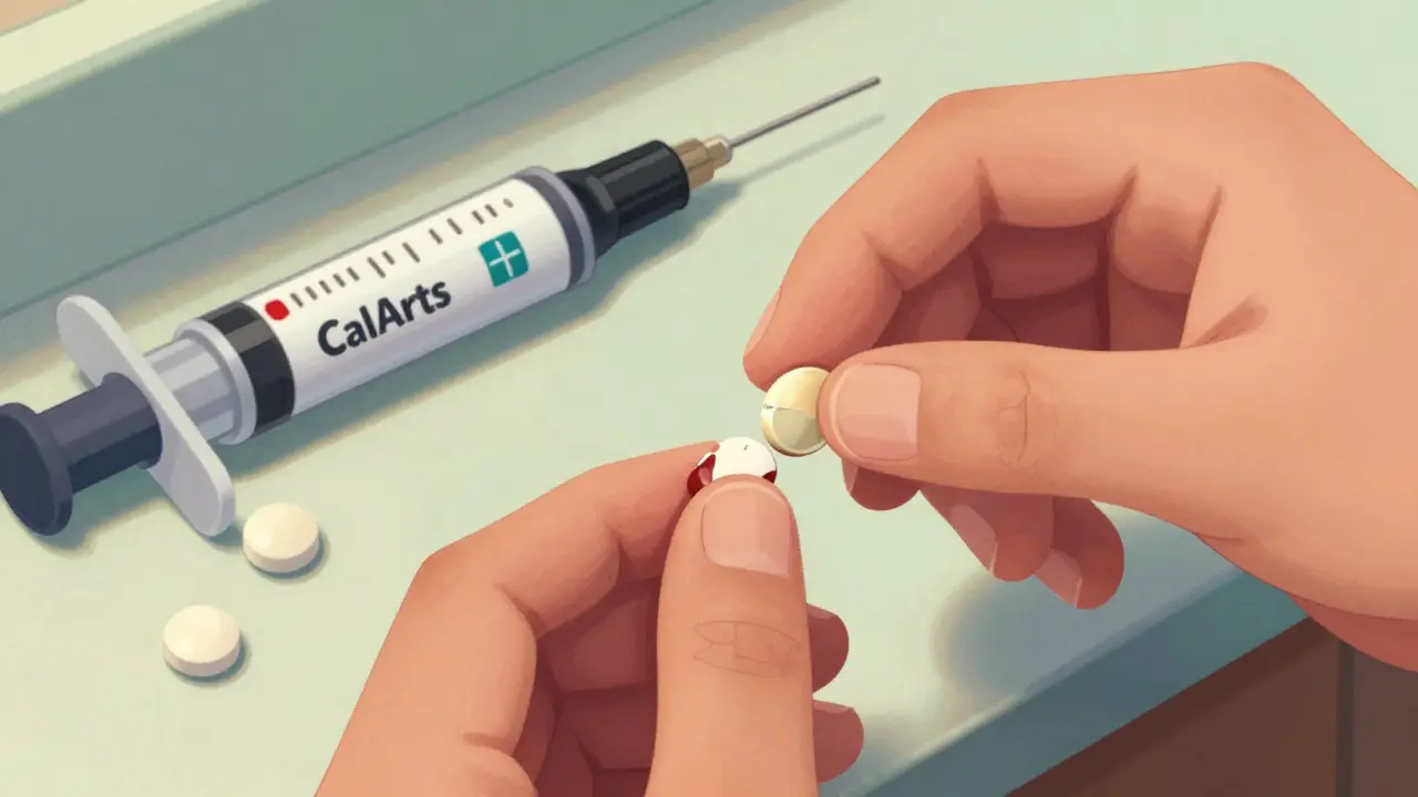 Hands inspecting a discolored pill for signs of chemical breakdown.