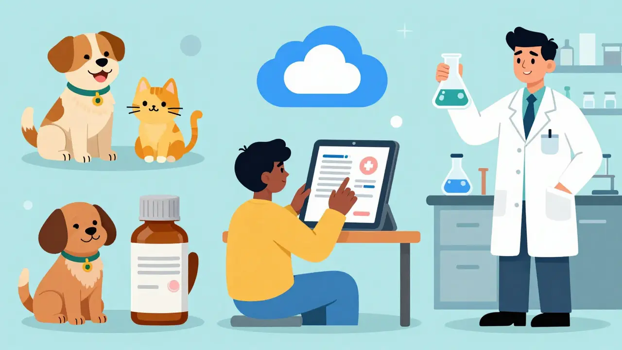 Illustrations of veterinary medicine, lab research, and uploading a prescription.