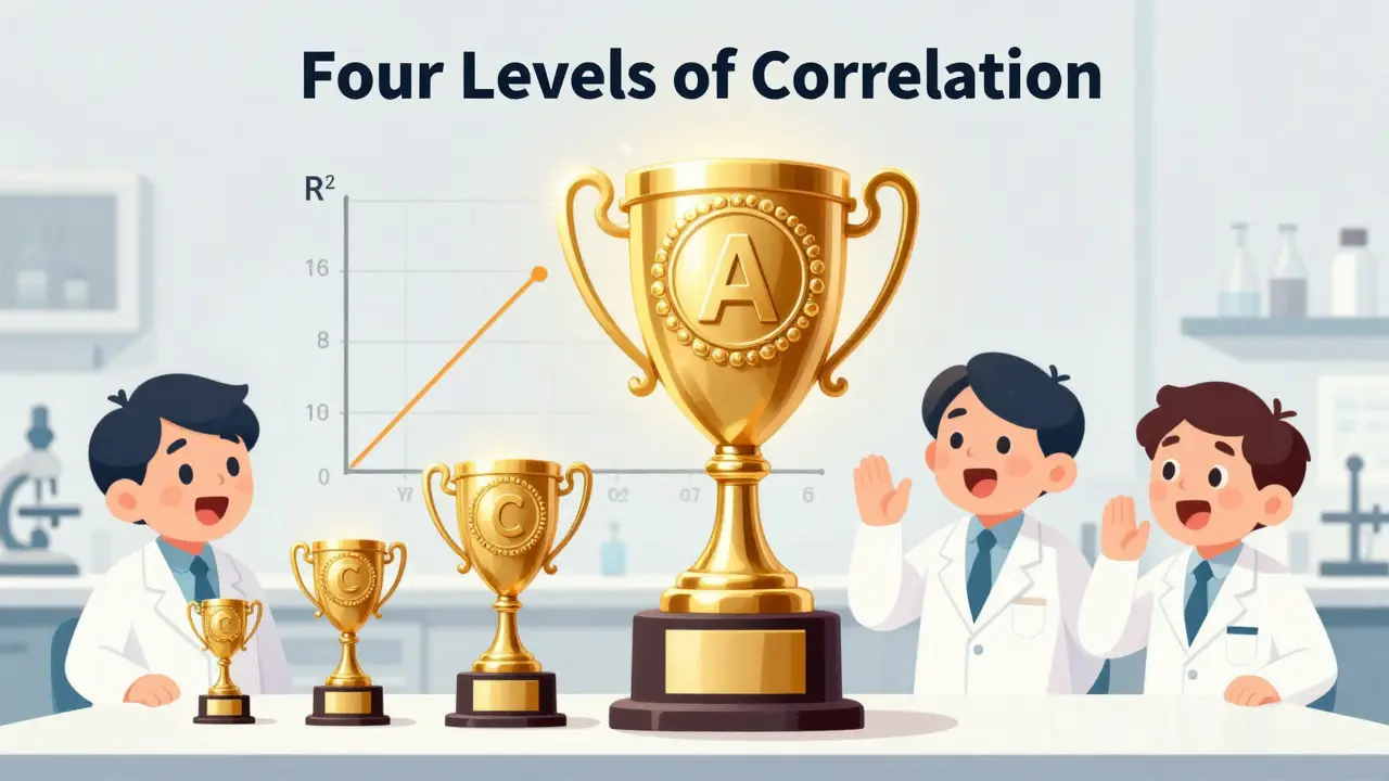 Scientists admiring four levels of correlation trophies, with the Level A trophy being the most prominent.