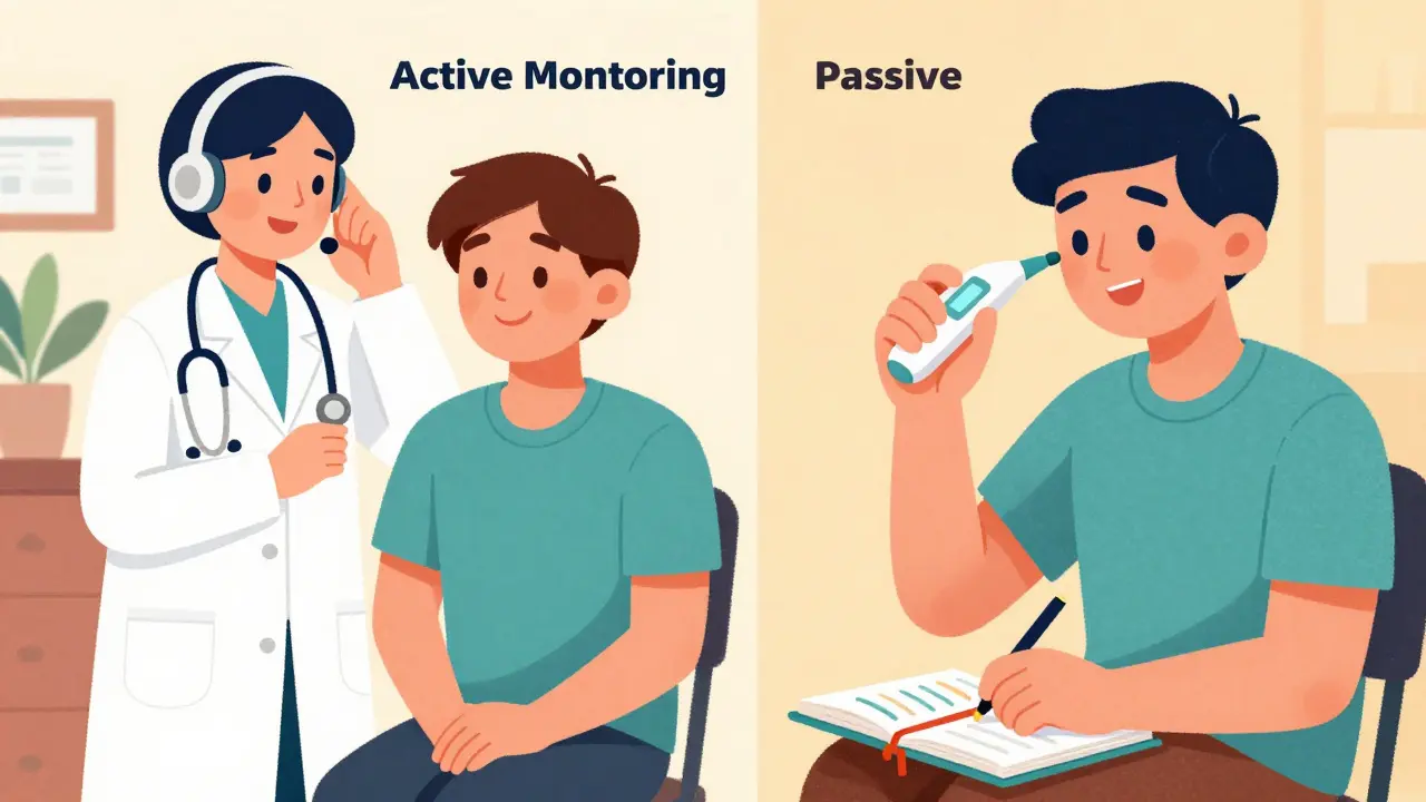 Split screen showing a doctor calling a patient and a person self-monitoring health.