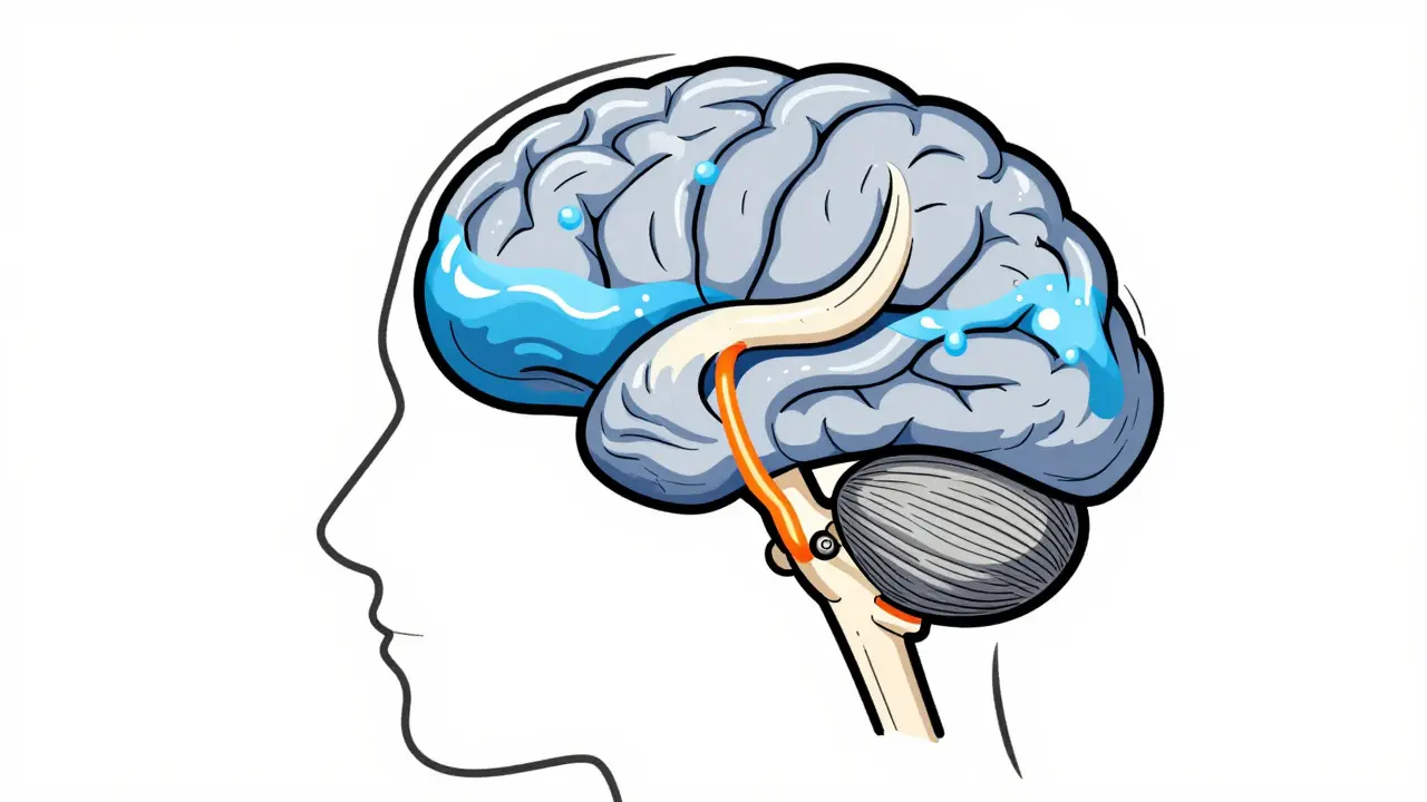 Stylized cross-section of a head showing blue fluid buildup pressing against the brain and optic nerves.