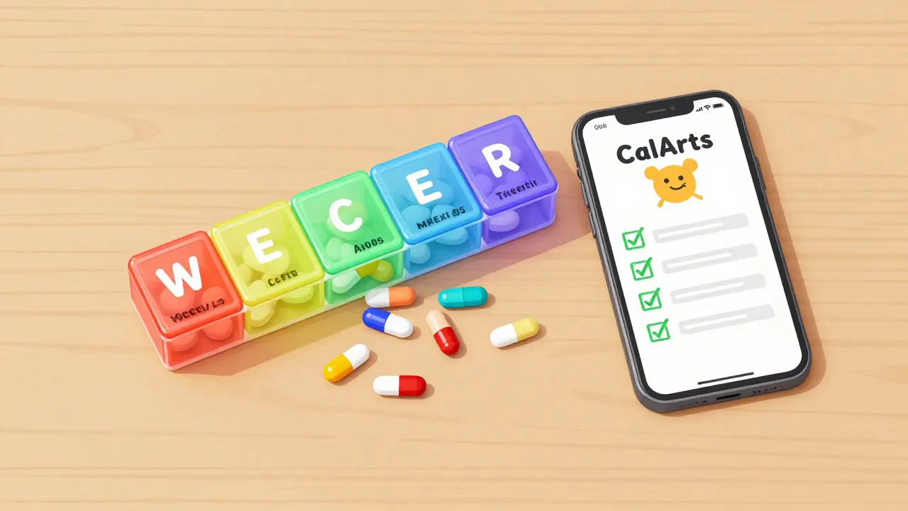 Weekly pill organizer, smartphone alarm, and a checklist on a table